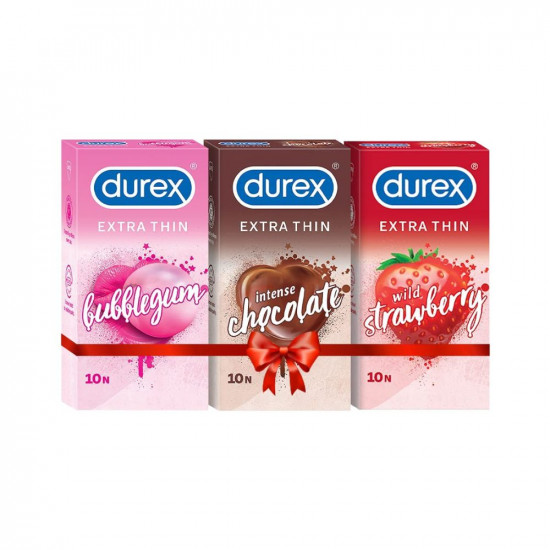 Durex Extra Thin Condoms, 10s, Pack of 3 (Bubblegum + Chocolate +  Strawberry)