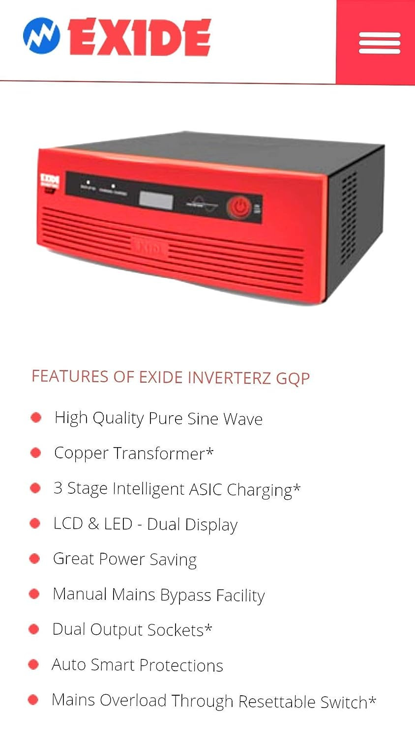 Exide Technologies 1050VA Pure Sinewave Home UPS Inverter with Digital Display Multicolour