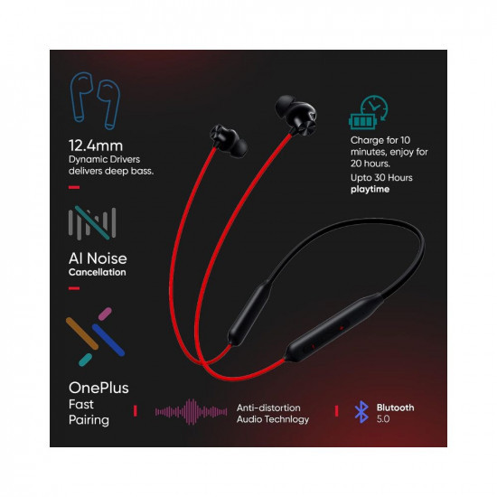 FDM OnePlus Bullets Z2 Bluetooth Wireless in Ear Earphones with Mic Bombastic Bass 10 Mins Charge - 20 Hrs Music 30 Hrs Battery Life Acoustic Red