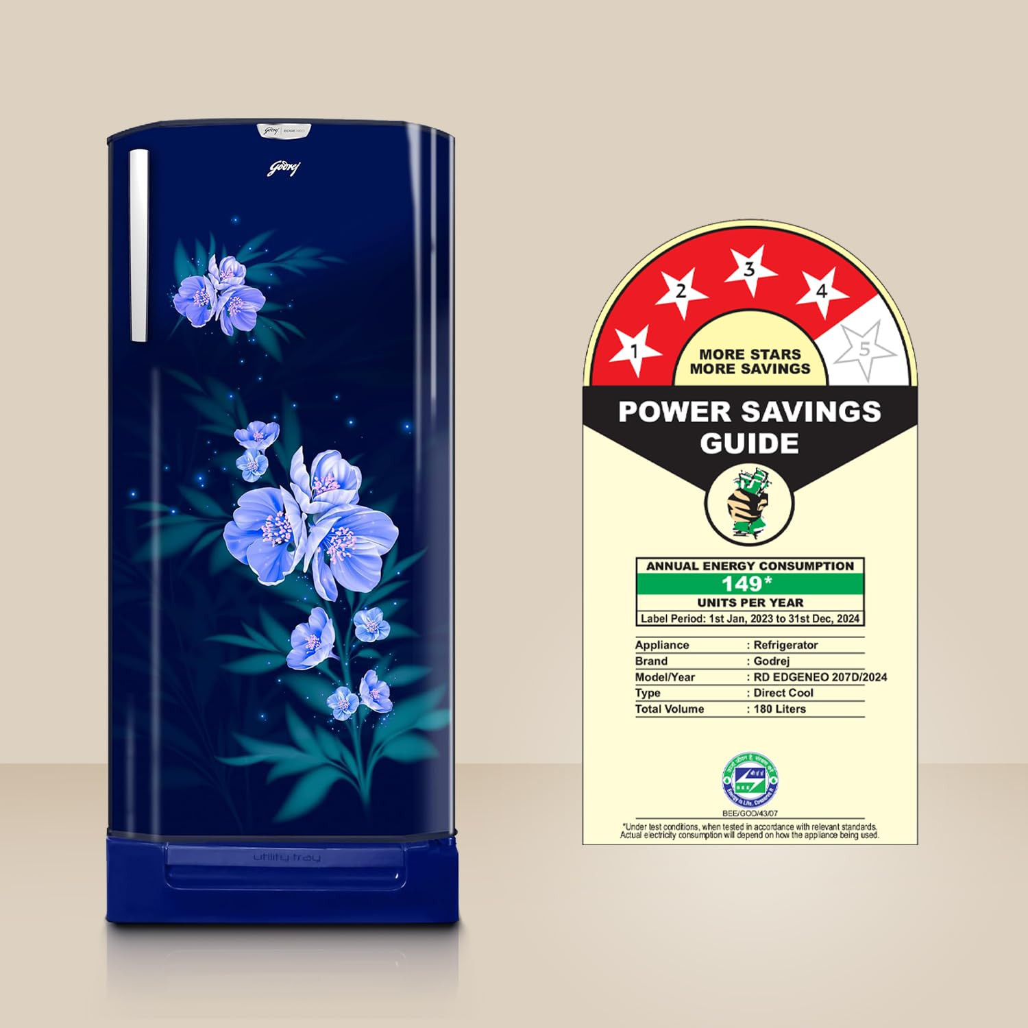 Godrej 180 L 4 Star Turbo Cooling Technology 24 Days Farm Freshness Direct Cool Single Door Refrigerator With Base Drawer 2024 Model RD EDGENEO 207D TDF MP BL Maple Blue