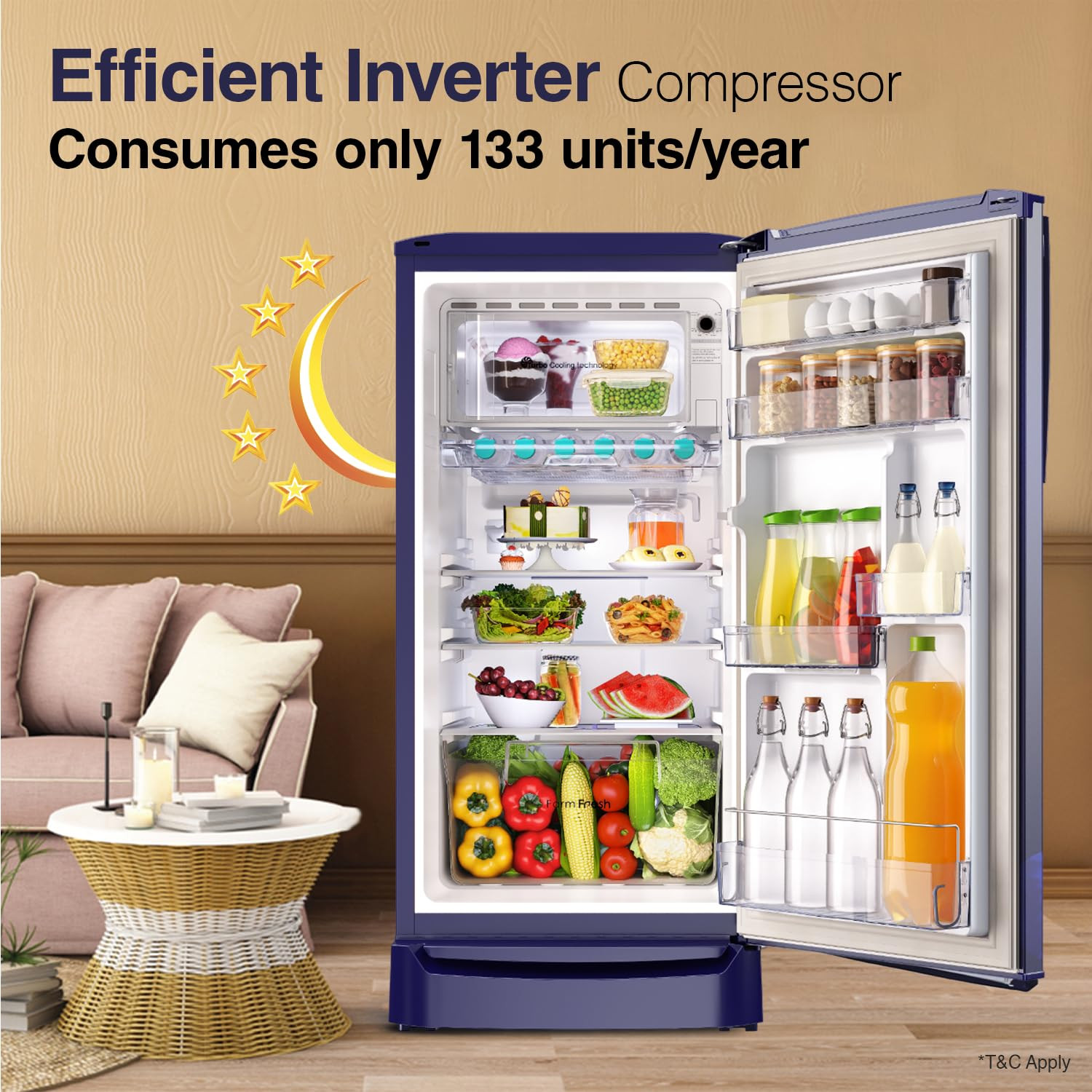 Godrej 202 L 5 Star Advanced Inverter Jumbo Vegetable Tray Direct Cool Single Door Refrigerator With Base Drawer2023 Model RD 210E TDI MN BL Marine Blue