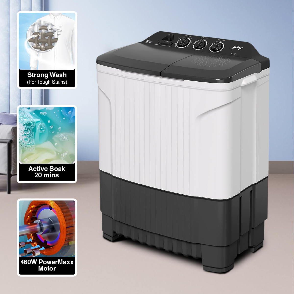 Godrej 7 Kg 5 Star Active Soak Technology Semi-Automatic Top Load Washing Machine WS EDGE CLS 70 50 PN2 GPGR Graphite Grey 460 W PowerMax Wash For Heavy Laundry Wash