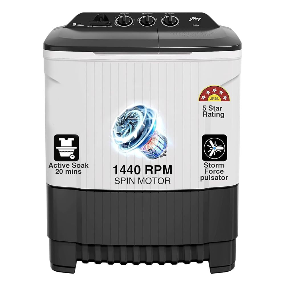 Godrej 75 Kg 5 Star Storm Force Pulsator Semi Automatic Top Load Washing Machine WS EDGE CLS 75 50 PN2 GPGR Graphite Grey With Translucent Lid