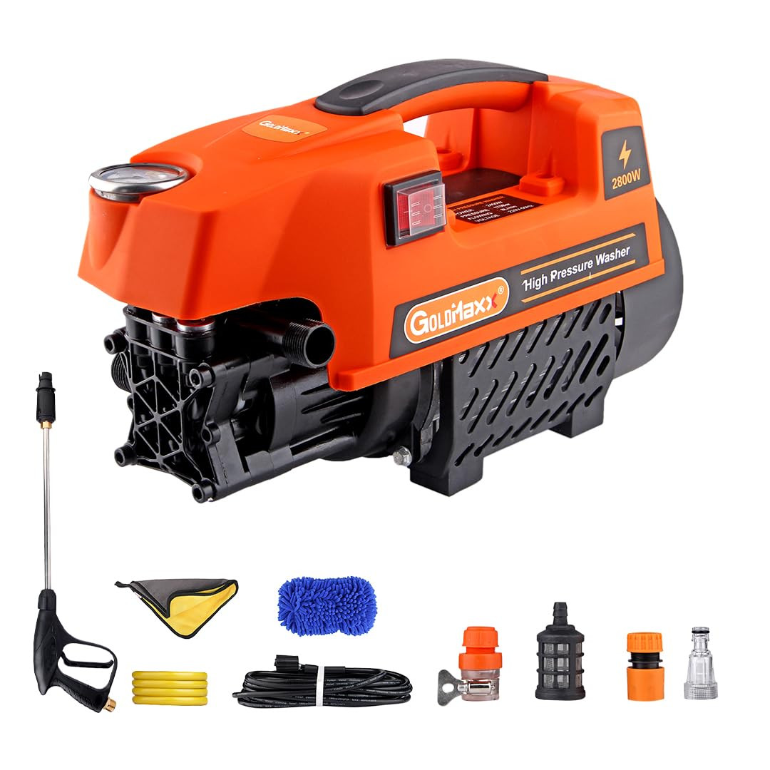 Goldmaxx High Pressure Car Washer Machine 2800 Watts  Soap Dispenser 8 Meters Outlet Hose  Tap Connector with Accessories for Cleaning Cars Bike Home  Garden Orange