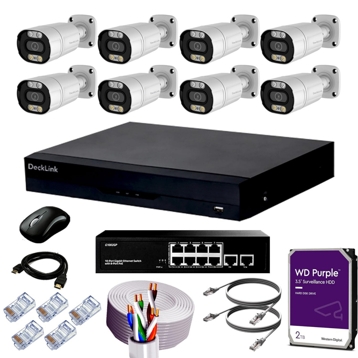 Golens 8 Pcs 5MP DayNight Vision Bullet 8 Channel NVR with Built in 8 Channel POE 2TB Hard Disk  100 m CAT6 Cable CCTV Camera Kit