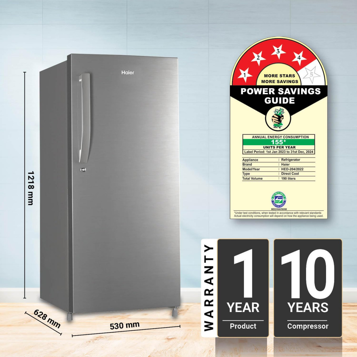 Haier 190L 4-Star Direct Cool Single Door Refrigerator 2024 Model HED-204DS-P Dazzle Steel