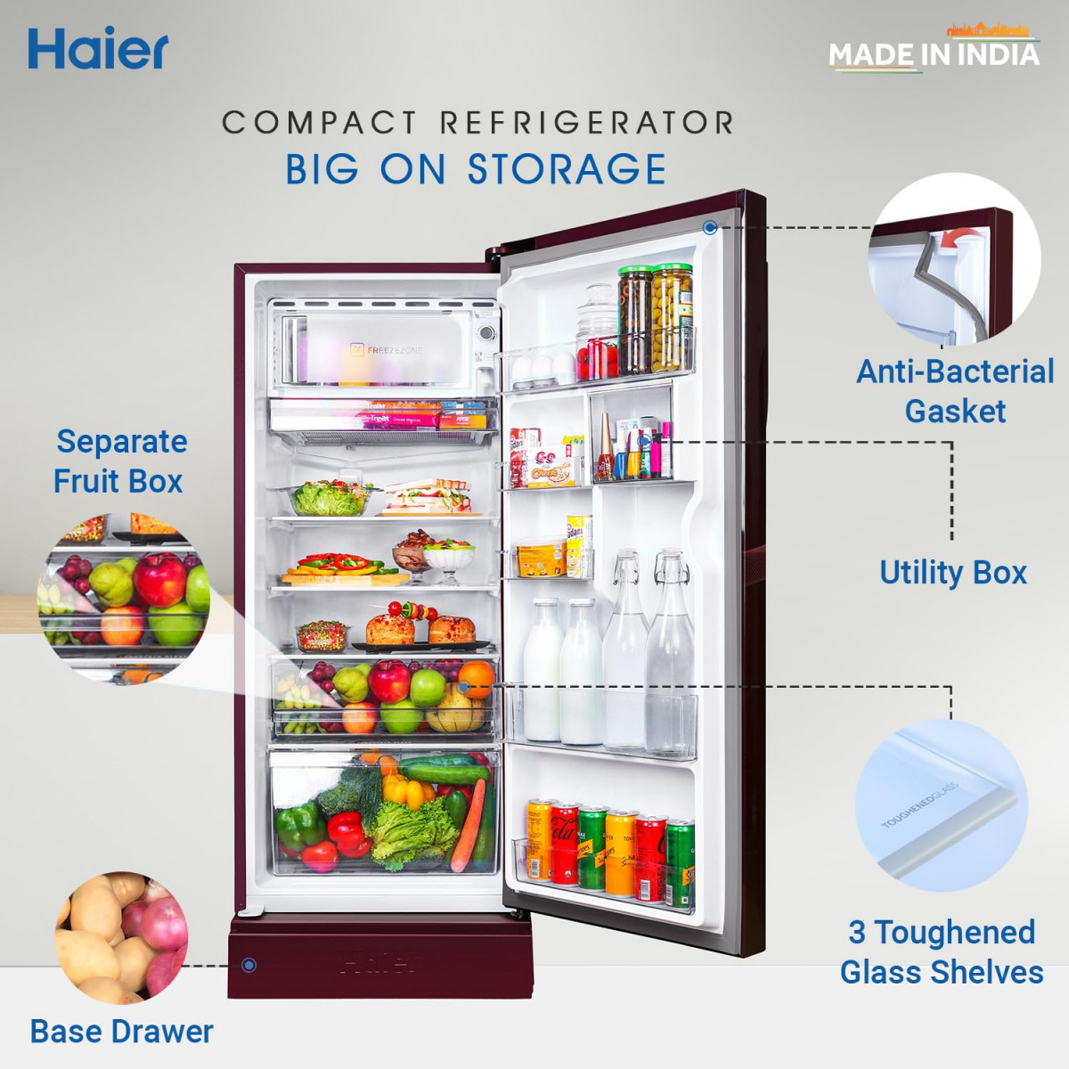 Haier 215L 5-Star Direct Cool Single Door Refrigerator HED-225RFB-P Red Opal