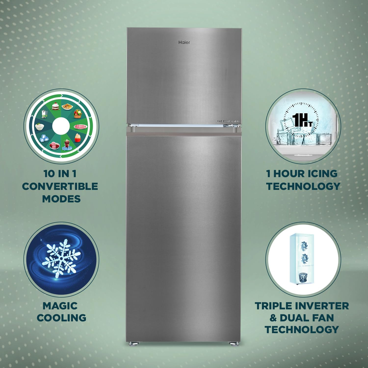 Haier 358 L 3 Star Convertible 10-in-1 Triple Inverter  Dual Fan Motor Technology Frost Free Double Door Refrigerator HEF-363TS-P Inox Steel 2024 Model