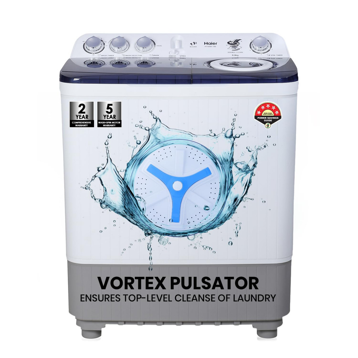 Haier 8 Kg 5 Star Anti-Bacterial Vortex Pulsator Semi Automatic Top Load Washing Machine Multicolor HTW80-186