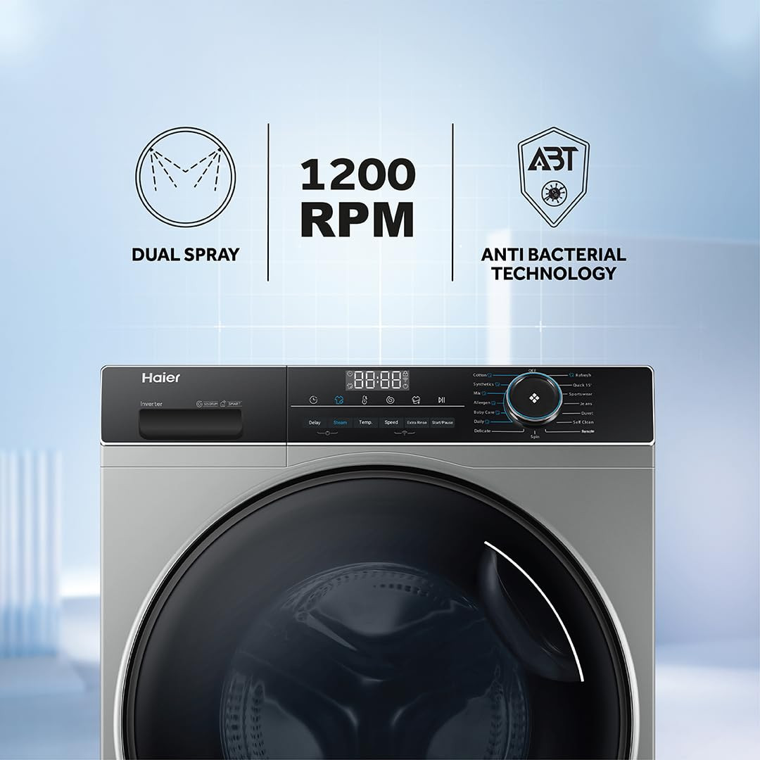 Haier 8 Kg 5 Star Inverter Direct Motion Motor Fully Automatic Front Load Washing Machine HW80-IM12929CS3 525 Super Drum Puri Steam 2023 Model Ore Silver