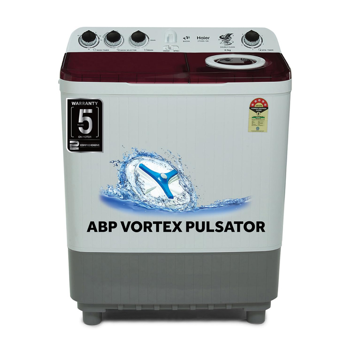 Haier 85 Kg 5 star SEMI Automatic Top Loading Washing Machine HTW85-186 ice white 2024 Anti Bacterial anti bacterial vortex Pulsator Magic Filter 1300 RPM  Castors