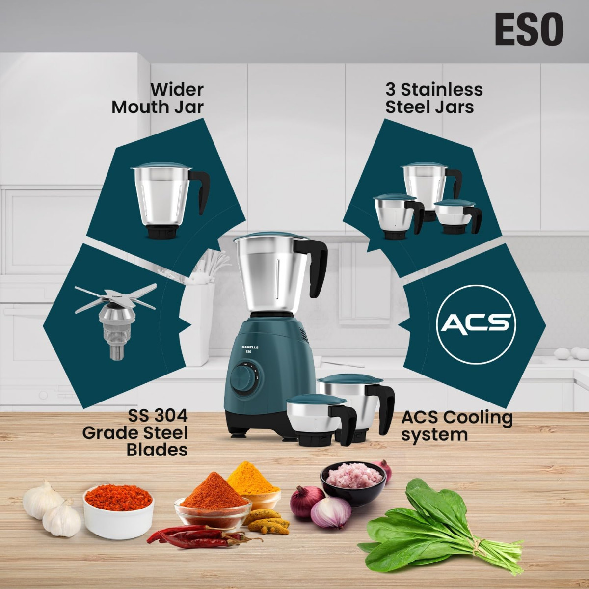 Havells ESO 750 watts 3 JAR Mixer Grinder 304 SS Blades High Speed 21000 RPM motor Heavy and Wider mouth SS Jars All Jars with Handle 2 Year Product  5 Year Motor Warranty Teal  ABS