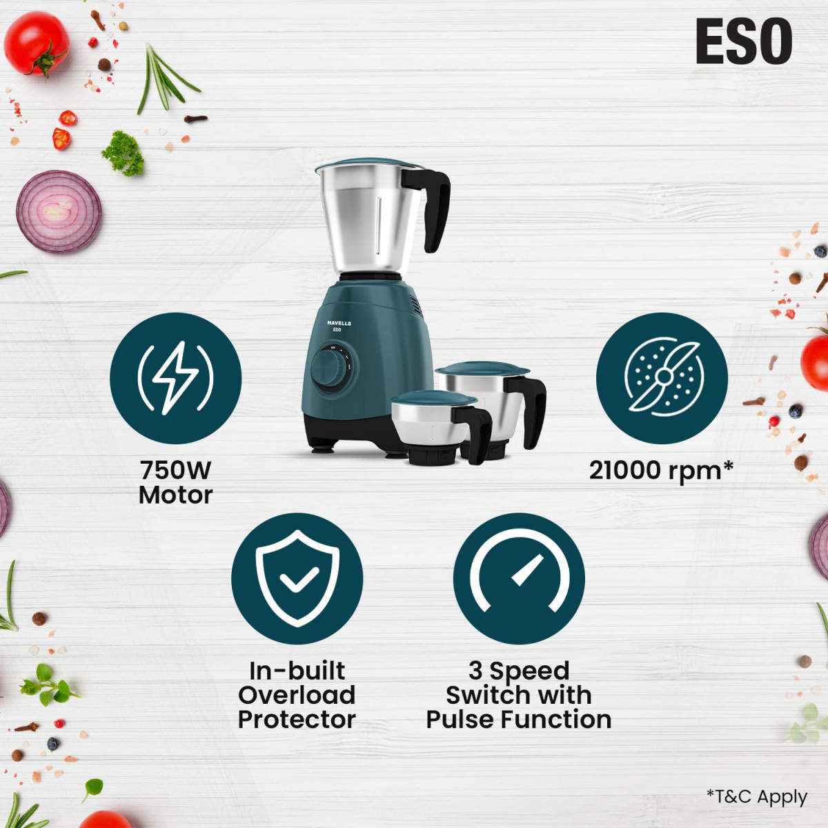 Havells ESO 750 watts 3 JAR Mixer Grinder 304 SS Blades High Speed 21000 RPM motor Heavy and Wider mouth SS Jars All Jars with Handle 2 Year Product  5 Year Motor Warranty Teal  ABS