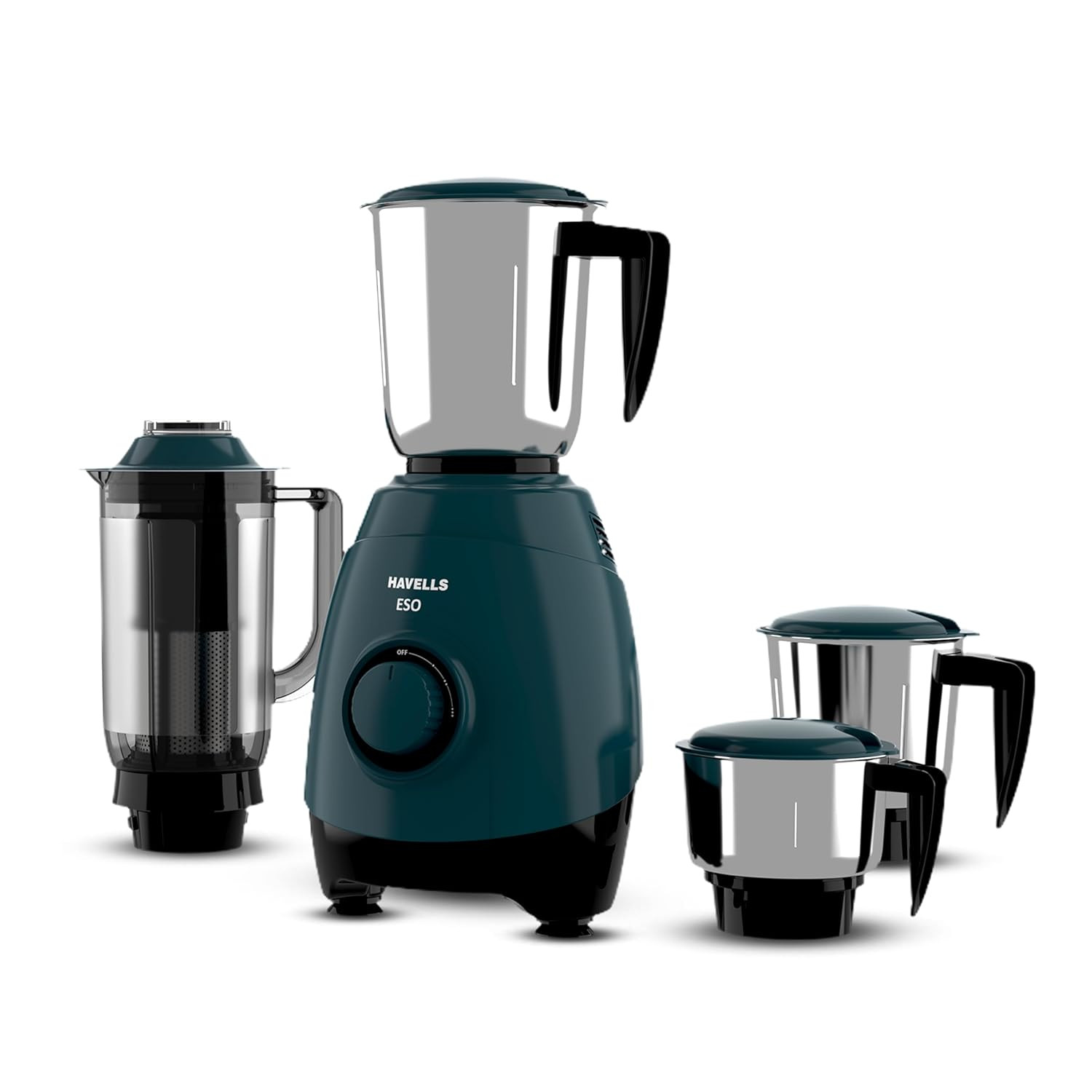 Havells ESO 750W 4 JAR Mixer Grinder 304 SS Blades High Speed 21000 RPM motor Heavy and Wider mouth SS Jars All Jars with Handle 2 Year Product  5 Year Motor Warranty Teal