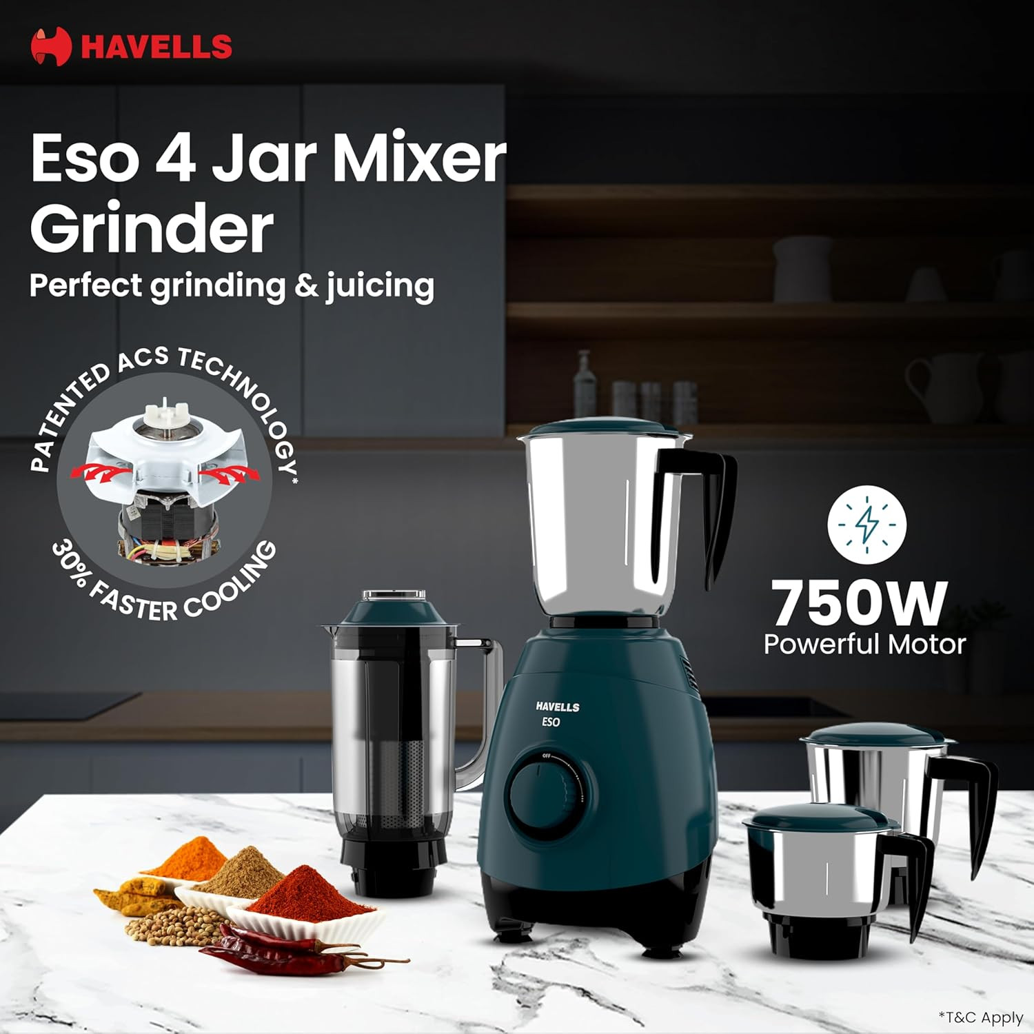 Havells ESO 750W 4 JAR Mixer Grinder 304 SS Blades High Speed 21000 RPM motor Heavy and Wider mouth SS Jars All Jars with Handle 2 Year Product  5 Year Motor Warranty Teal