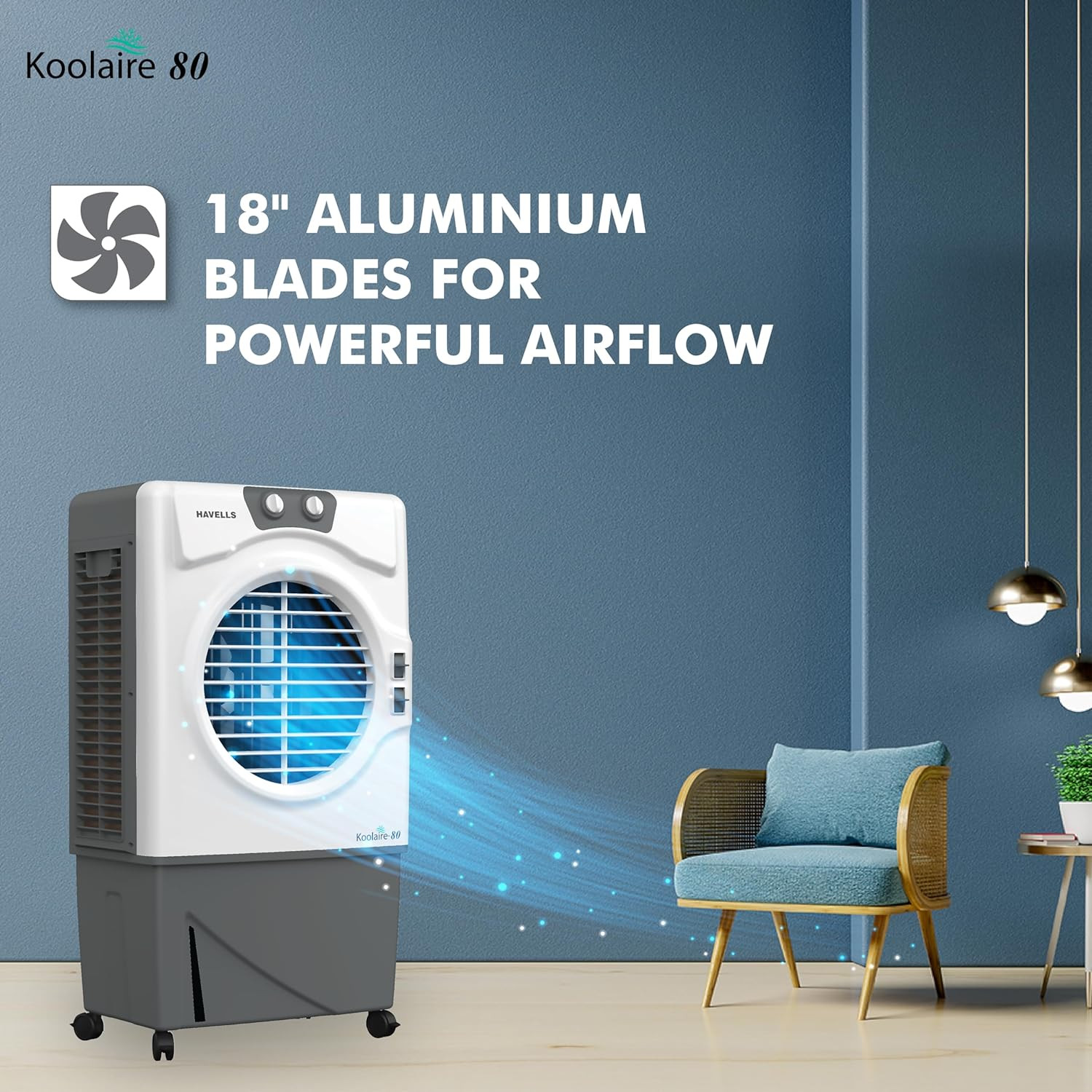 Havells Koolaire 80L Desert Air Cooler for home  Powerful Air Delivery  Everlast Pump  5 Leaf Metal Blade Fan  Bacteria Shield High Density Honeycomb Pads  Heavy Duty WhiteGrey