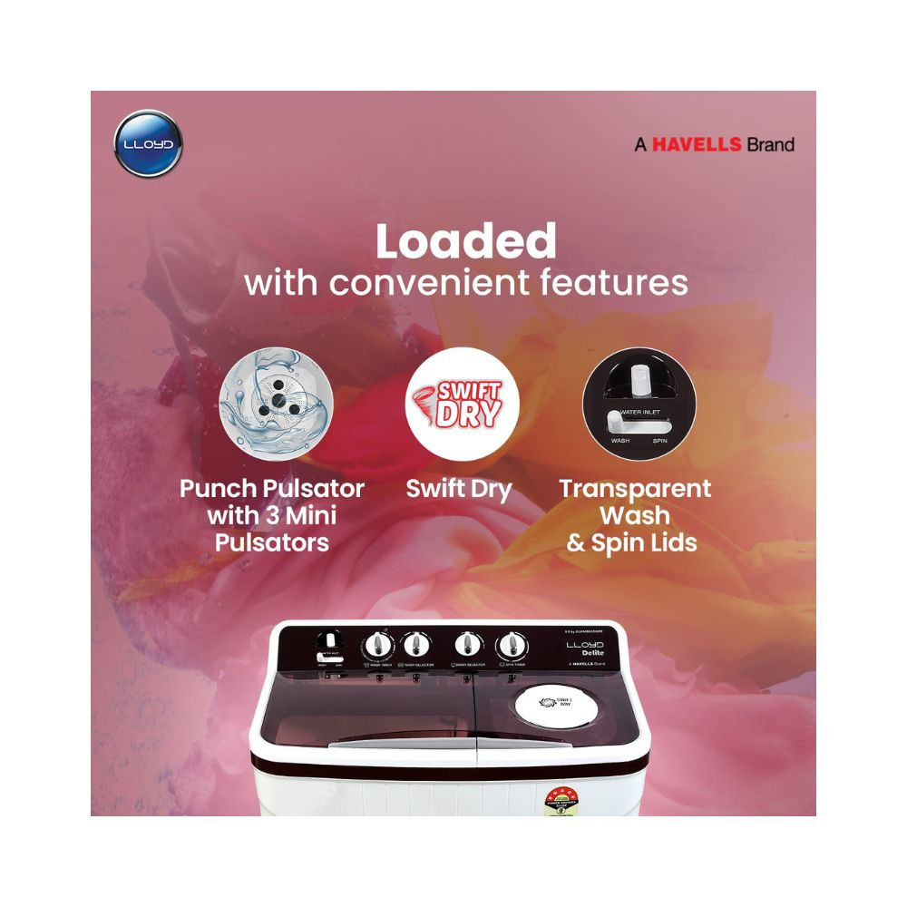 Havells-Lloyd 80 Kg Semi Automatic Top Load Washing Machine GLWMS80IDMDE Dark Maroon Active Soak