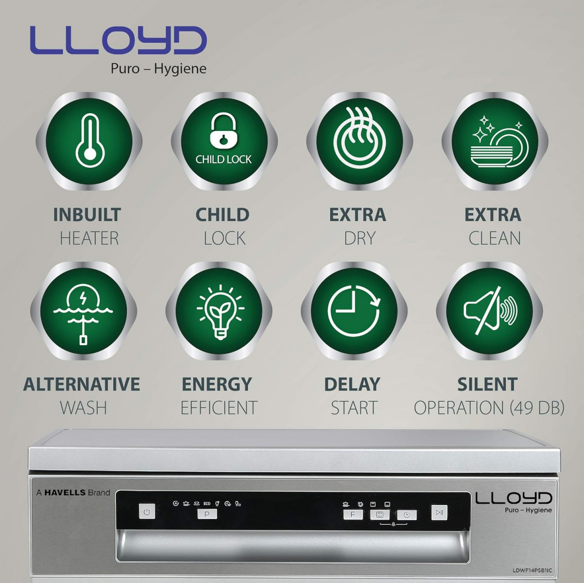 Havells-Lloyd Puro Hygiene LDWF14PSB1IC 14 Place Settings 99 Germs Free with Sparkle Clean Technology
