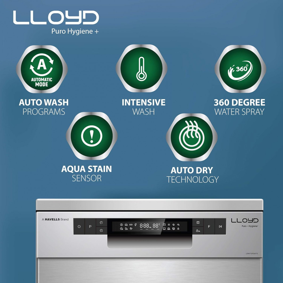 Havells-Lloyd Puro Hygiene with Auto Open Dry LDWF15PSA1TS 15 Place Settings 99 Germs Free with Sparkle Clean Technology