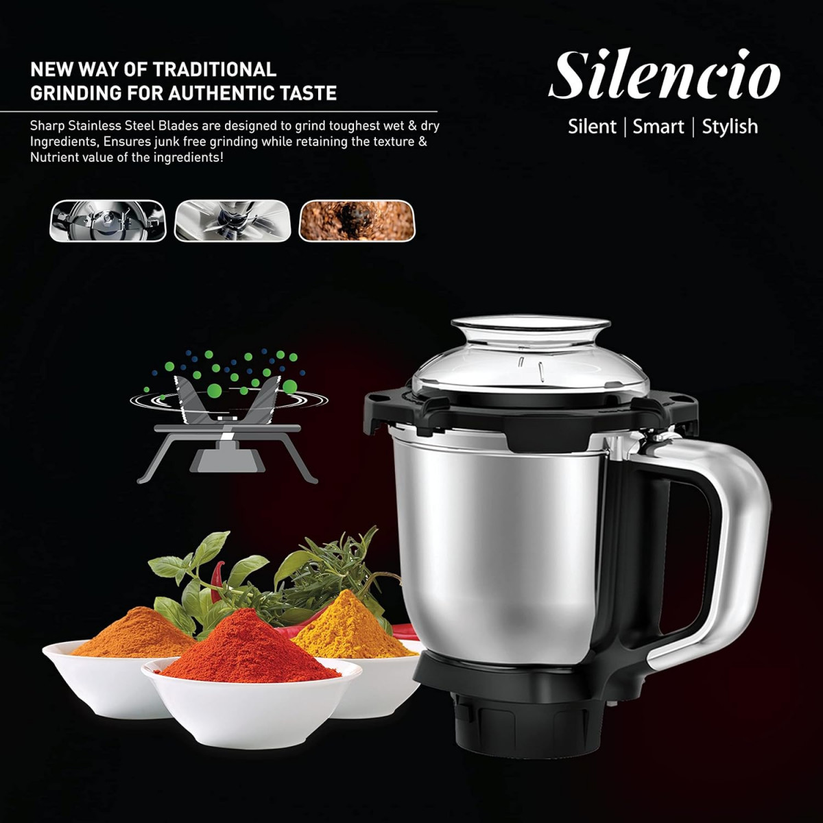 Havells Mixer Grinder Silencio  Powerful HVDC Motor Hands Free Operation  Triple Safety Protection  Double Layered Jars  Smart Digital Control  5 Year Motor Warranty  3 Jar Black