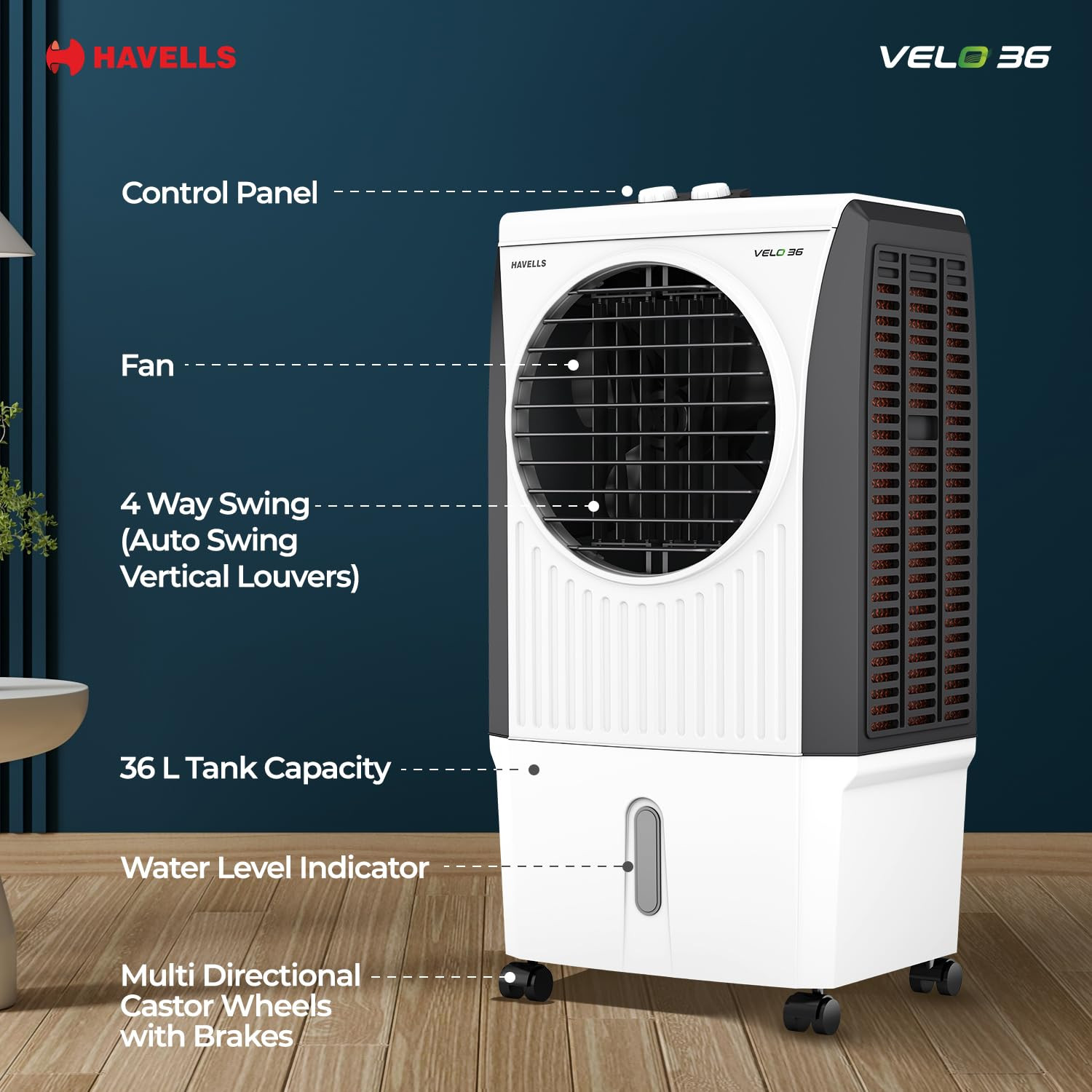 Havells Velo 36 L Personal Air Cooler for RoomPowerful Air-DeliveryWith Fan  3 Side Bacteria Shield Honeycomb PadsDouble Ball Bearing MotorFront Wheels with BrakesAerodynamically designed blades