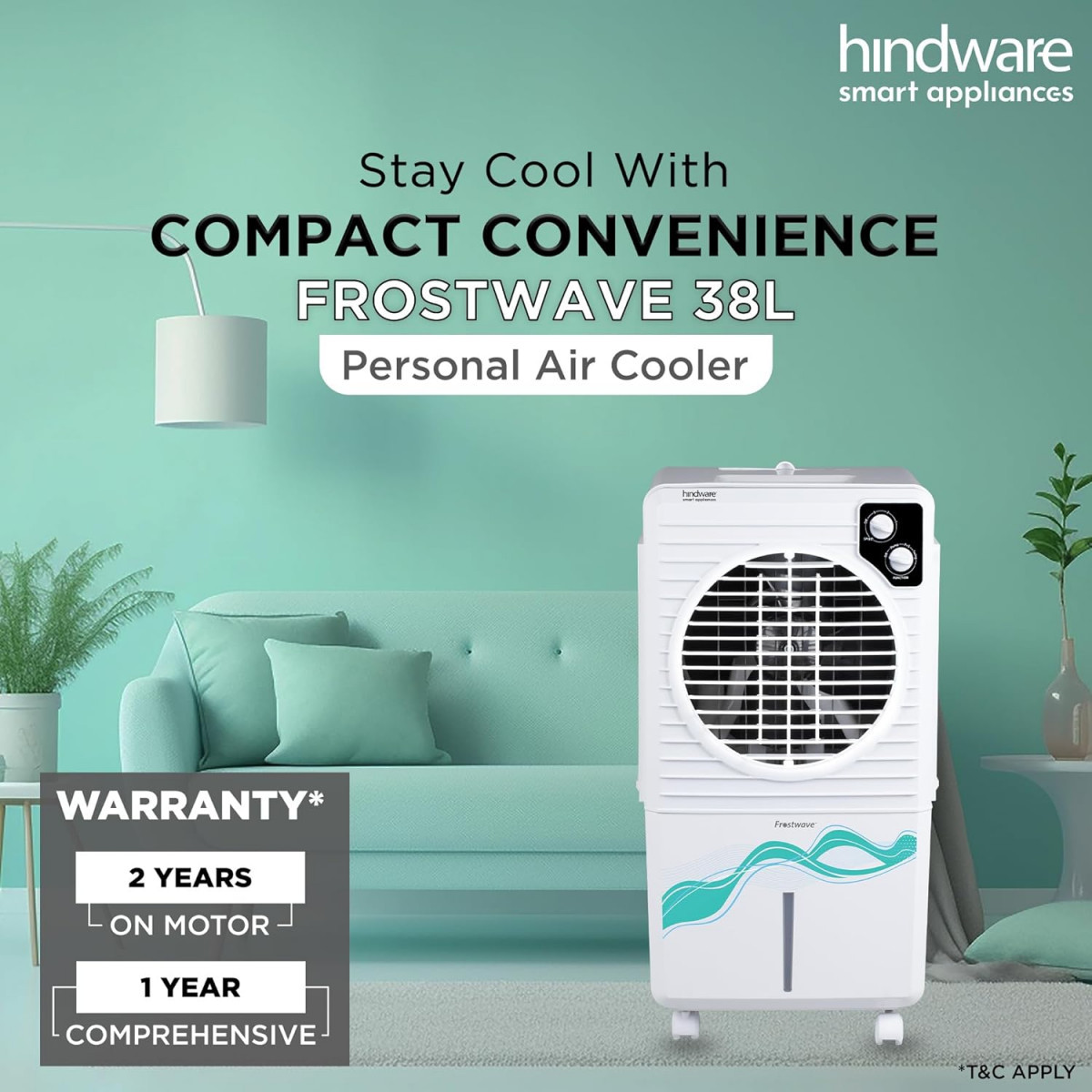 Hindware Smart Appliances Frostwave 38L Personal Air cooler  Fan Based  12 Inc Fan Blade and Ice Chamber  White  Grey