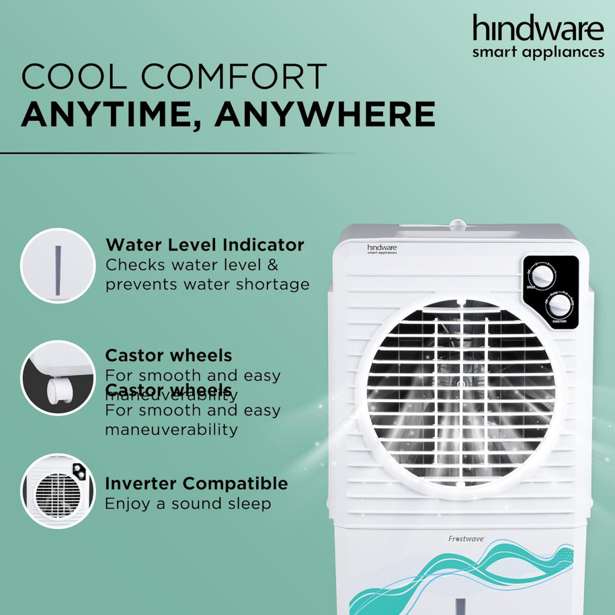 Hindware Smart Appliances Frostwave 38L Personal Air cooler  Fan Based  12 Inc Fan Blade and Ice Chamber  White  Grey