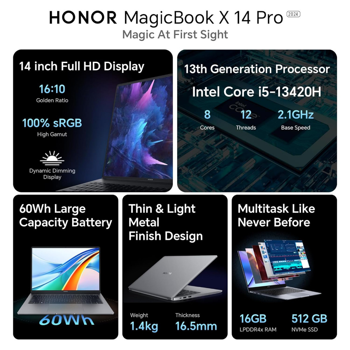 HONOR MagicBook X14 Pro 2024 13th Gen Intel Core i5-13420H 16GB512GB NVMe SSD 14-inch 3556 cm FHD IPS Anti-Glare Thin and Light LaptopWindows 11Backlit KeyboardFingerprint14Kg Gray