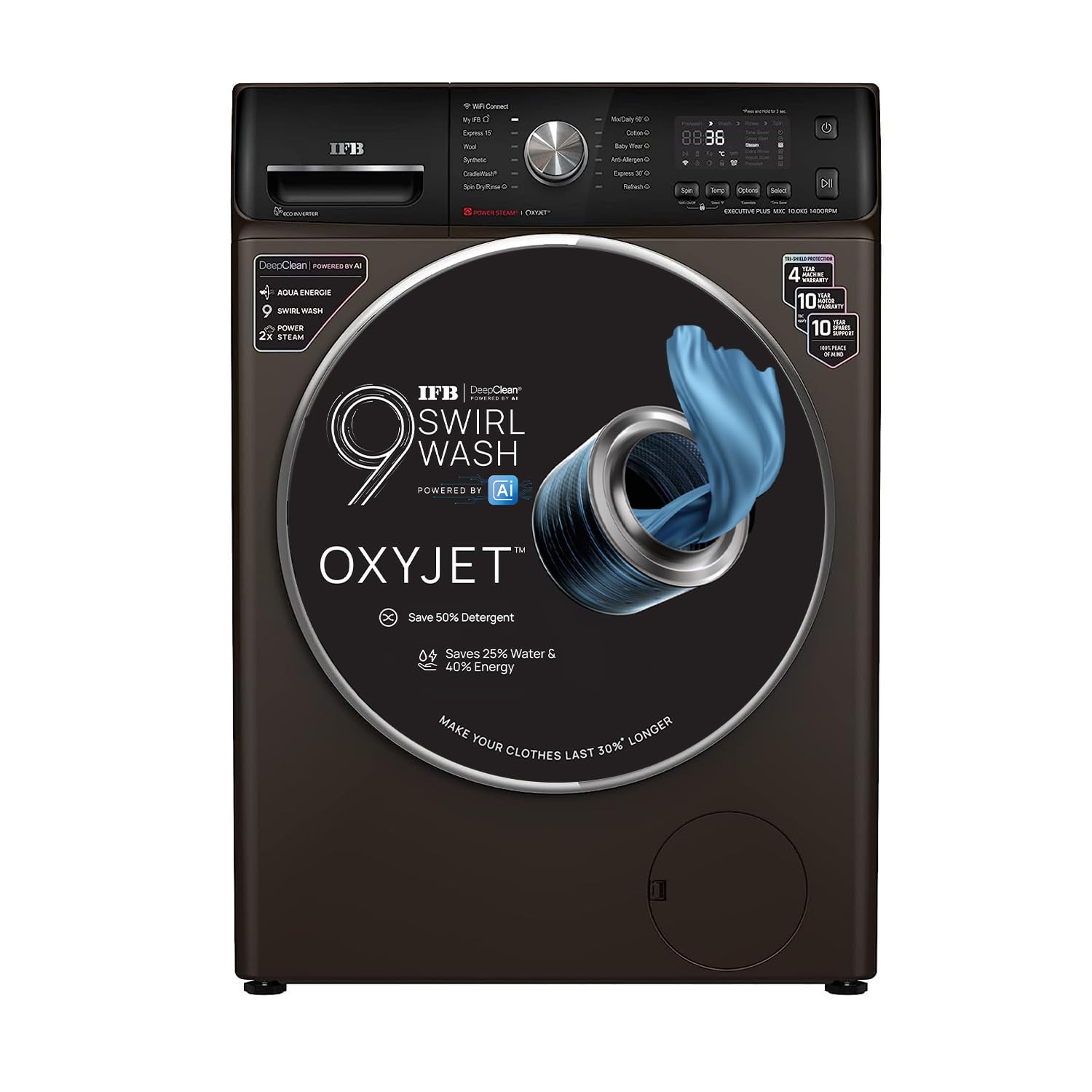 IFB 10 Kg 5 Star AI Eco Inverter Fully Automatic Front Load Washing Machines with Wifi Executive Plus MXC 1014 2023 Model Mocha Oxyjet 9 Swirl Wash 4 Years Comprehensive Warranty