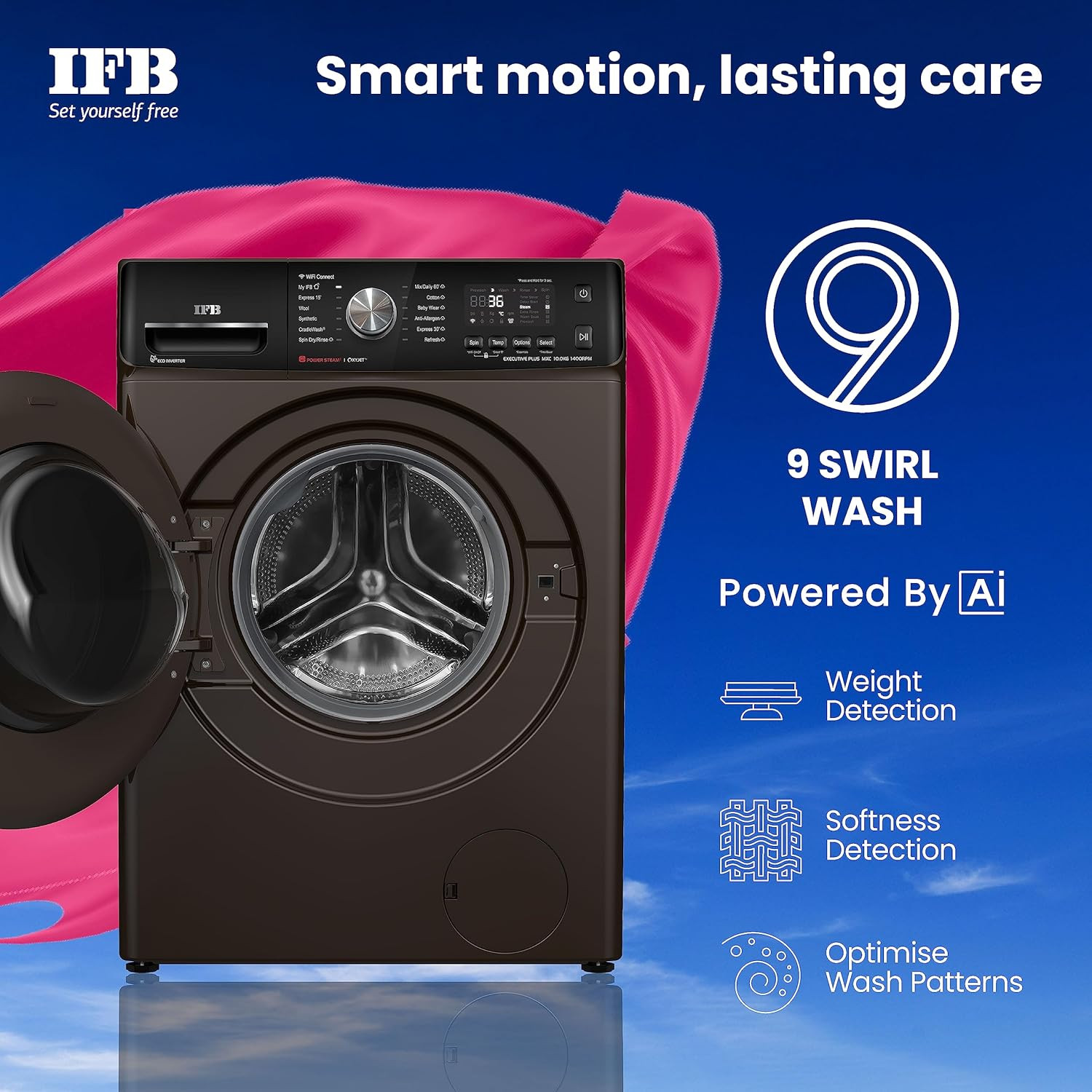 IFB 10 Kg 5 Star AI Eco Inverter Fully Automatic Front Load Washing Machines with Wifi Executive Plus MXC 1014 2023 Model Mocha Oxyjet 9 Swirl Wash 4 Years Comprehensive Warranty