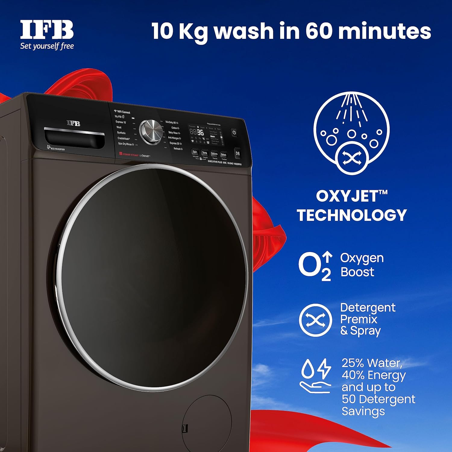 IFB 10 Kg 5 Star AI Eco Inverter Fully Automatic Front Load Washing Machines with Wifi Executive Plus MXC 1014 2023 Model Mocha Oxyjet 9 Swirl Wash 4 Years Comprehensive Warranty