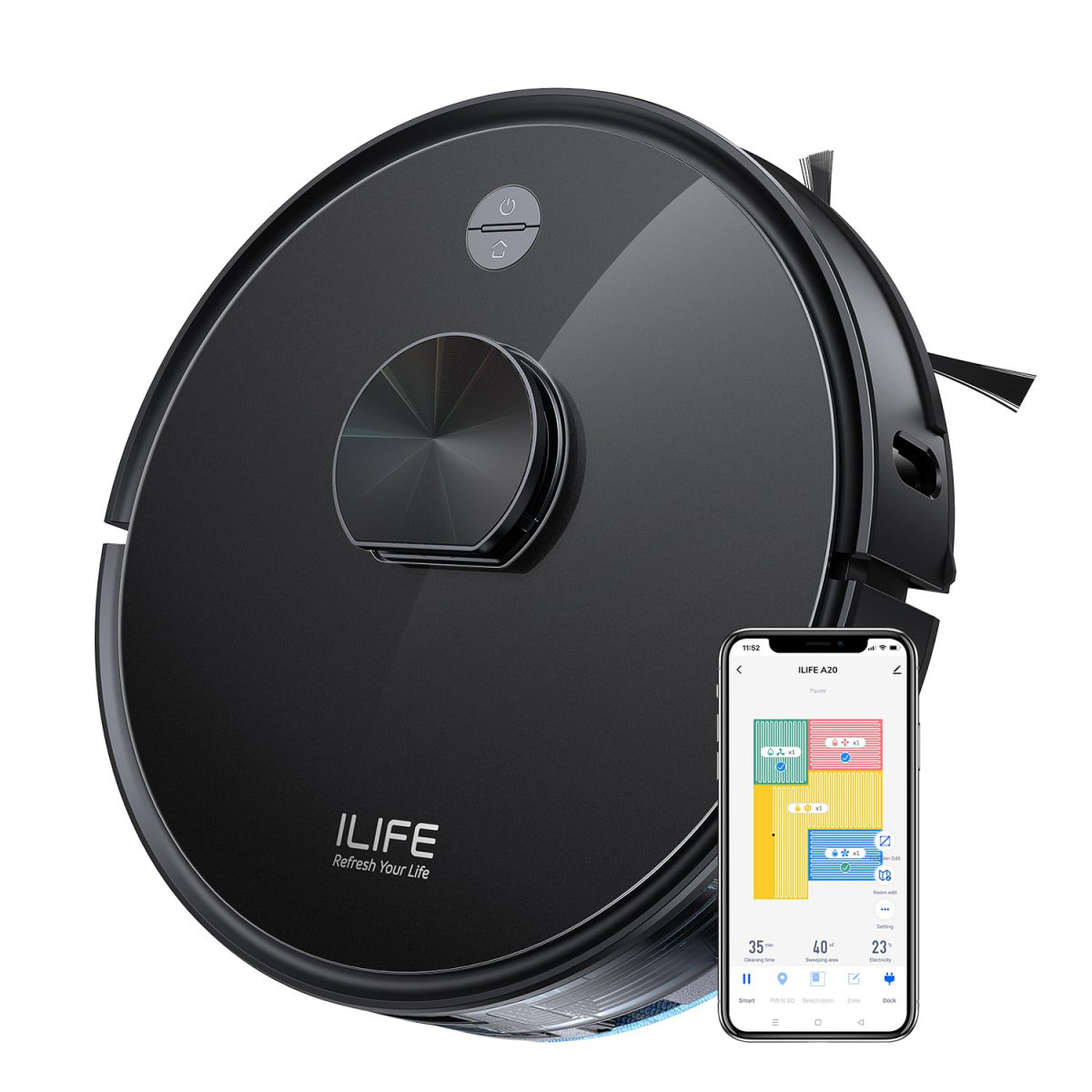 ILIFE A20 Robotic Vacuum Cleaner Lidar Navigation Powerful Suction Customized Schedule Cleaning Ideal for Hard Floor Low Pile Carpet Vacuum and Mop Wi-FiApp Alexa  GH Black