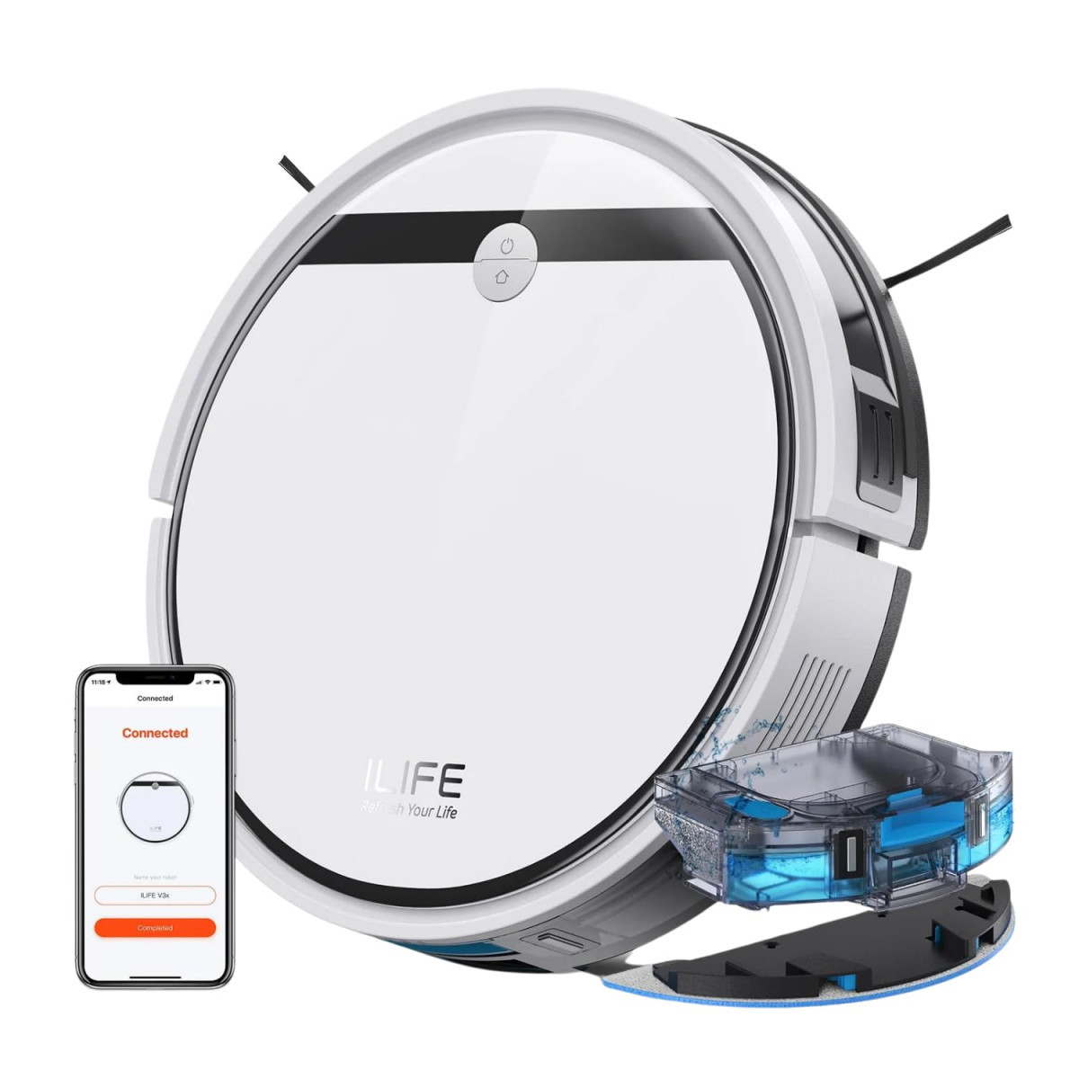ILIFE V3x Robotic Vacuum Cleaner Powerful Suction Daily Schedule Cleaning Ideal for Hard Floor Hairs and Low Pile CarpetVacuum and Mop White
