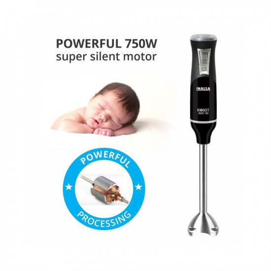 INALSA Hand Blender 750 Watt Powerful Super Silent 100 Copper Motor Anti-Splash Technology Variable Speed And Turbo Function Stainless Steel Blade  Detachable Stem Robot Inox 750S 750 Watt