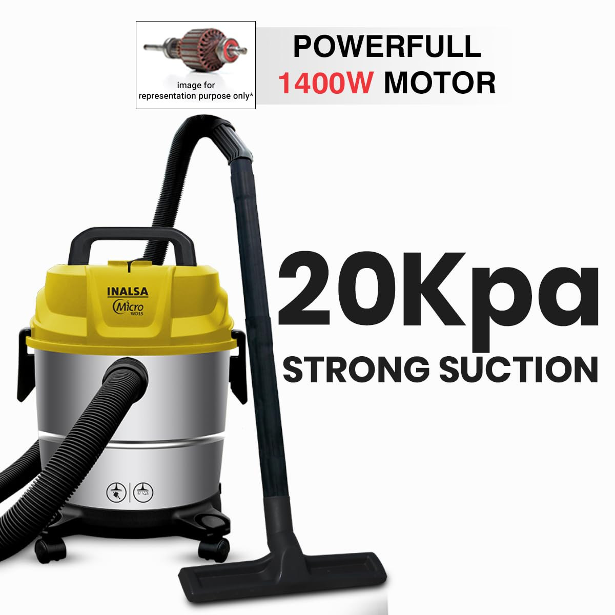 INALSA Wet and Dry Vacuum Cleaner for Home 15 ltr Capacity1400 W 20 kPa Suction  Blower FunctionHEPA Filter Wet Vacuum Cleaner for Sofa House Cleaning MachineStainless Steel Body WD 15