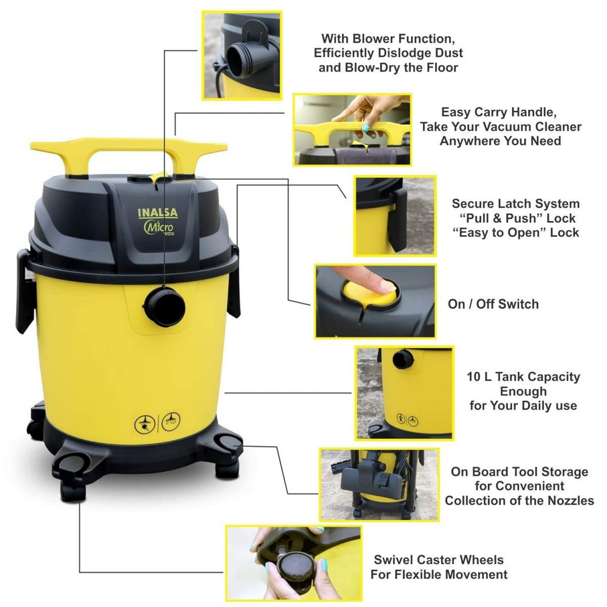 INALSA Wet and Dry Vacuum Cleaner for Home10 ltr Capacity1200 W 17 kPa Suction  Blower Function  HEPA Filter Wet Vacuum Cleaner for Sofa House Cleaning MachineVaccine Cleaner for HomeWD 10