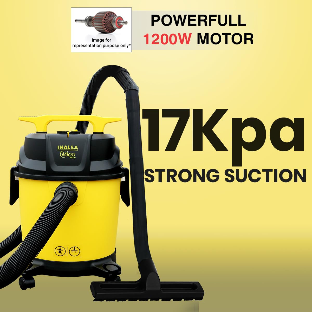 INALSA Wet and Dry Vacuum Cleaner for Home10 ltr Capacity1200 W 17 kPa Suction  Blower Function  HEPA Filter Wet Vacuum Cleaner for Sofa House Cleaning MachineVaccine Cleaner for HomeWD 10
