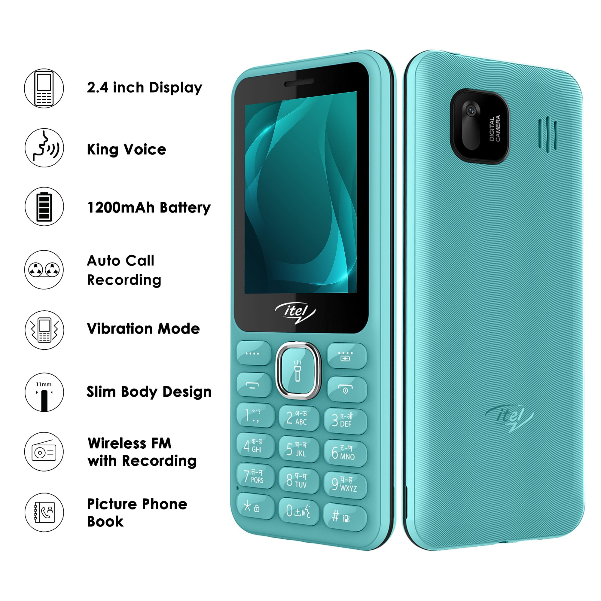 itel it5027 Keypad Mobile Phone with 24 inch Display Size 11mm Slim Body 1200 mAh Battery King Voice  Light Green