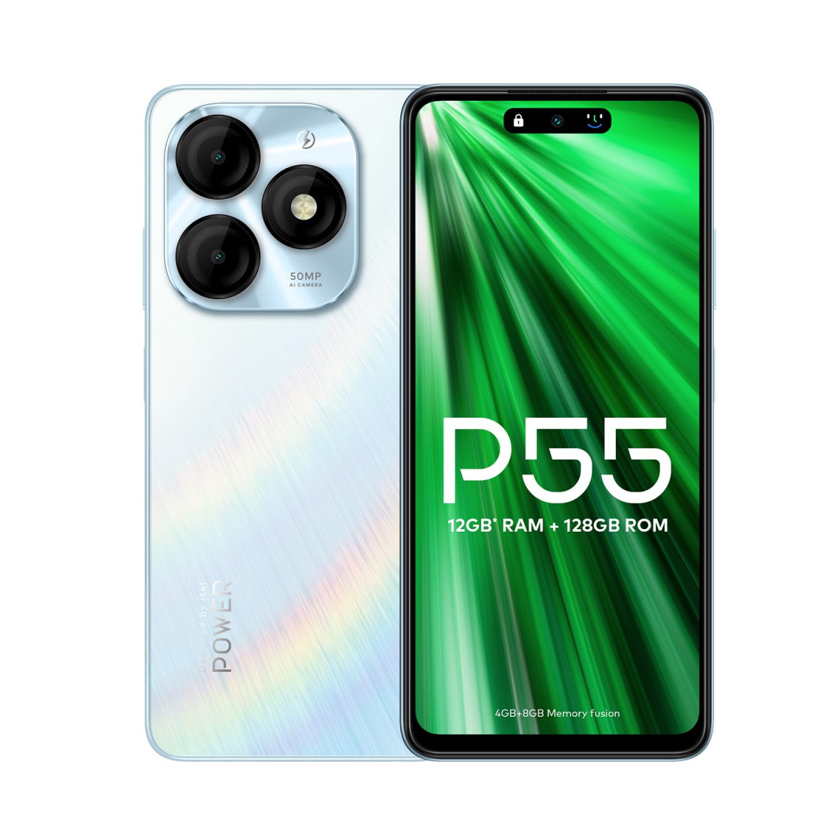 itel P55 4G  Upto 12GB RAM with Memory Fusion  128GB ROM 50MP AI Dual Rear Camera  8MP Front Camera 5000mAh Battery with 18W Charger  Dynamic BarUFS 22 Aurora Blue