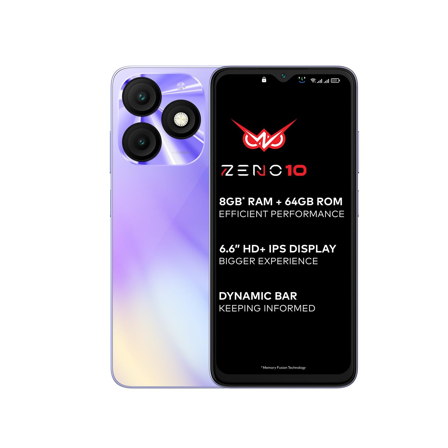 itel ZENO 1066 HD Display with Dynamic Bar 4GB RAM  64GB ROM Upto 12GB RAM with Memory FusionOctacore Processor8MP AI Dual Rear Cam5000 mAh Battery  Opal Purple