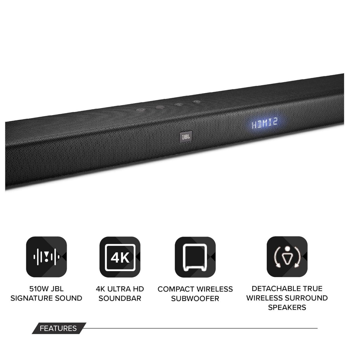 JBL Bar 51 Truly Wireless Home Theatre with Dolby Digital DTS 51 Channel 4K Ultra HD Soundbar with 1025cm Subwoofer for Extra Deep Bass HDMI ARC Bluetooth AUX  Optical Connectivity 510W