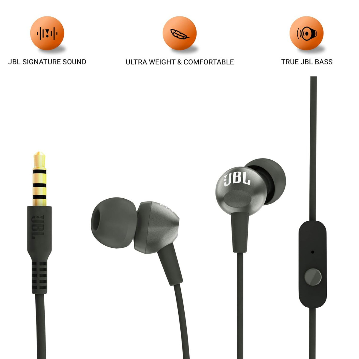 JBL C200SI Premium in Ear Wired Earphones with Mic Signature Sound One Button Multi-Function Remote Premium Metallic Finish Angled Earbuds for Comfort fit Gun Metal