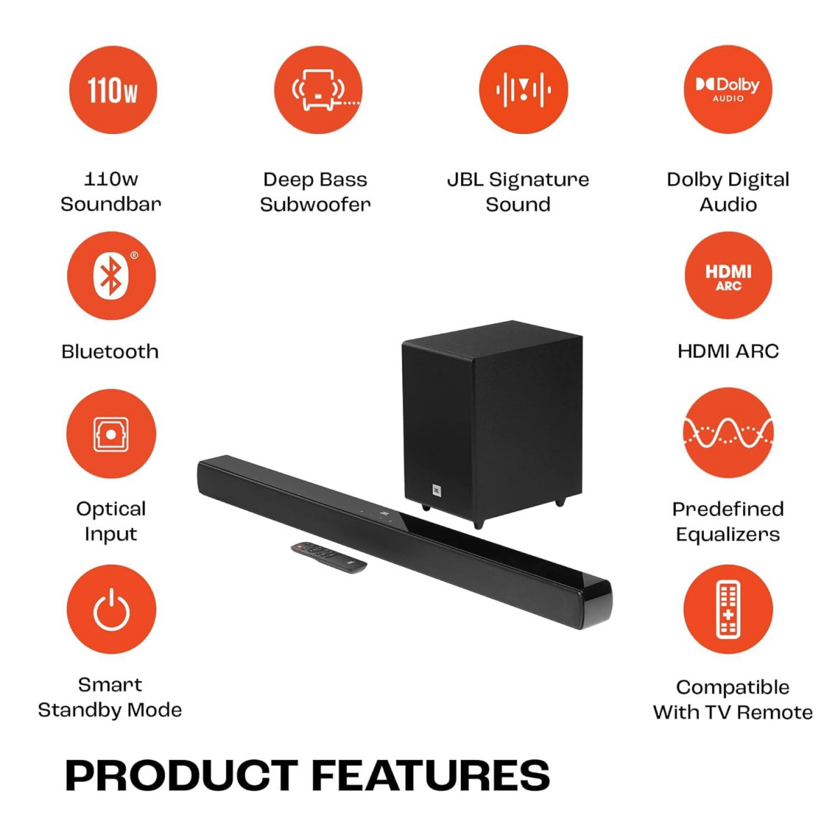 JBL Cinema SB140 Dolby Digital Soundbar with Wired Subwoofer for Extra Deep Bass 21 Channel Home Theatre with Remote HDMI ARC Bluetooth  Optical Connectivity 110W