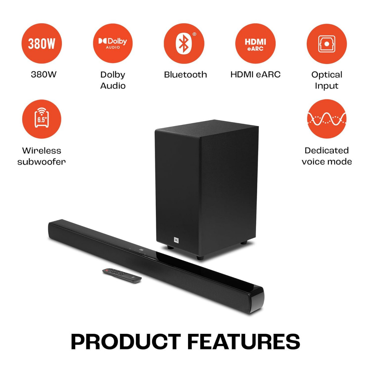 JBL Cinema SB190 Deep Bass Dolby Atmos Soundbar with Wireless Subwoofer for Extra Deep Bass 21 Channel with Remote Sound Mode for Voice Clarity HDMI eARC Bluetooth  Optical Connectivity 380W