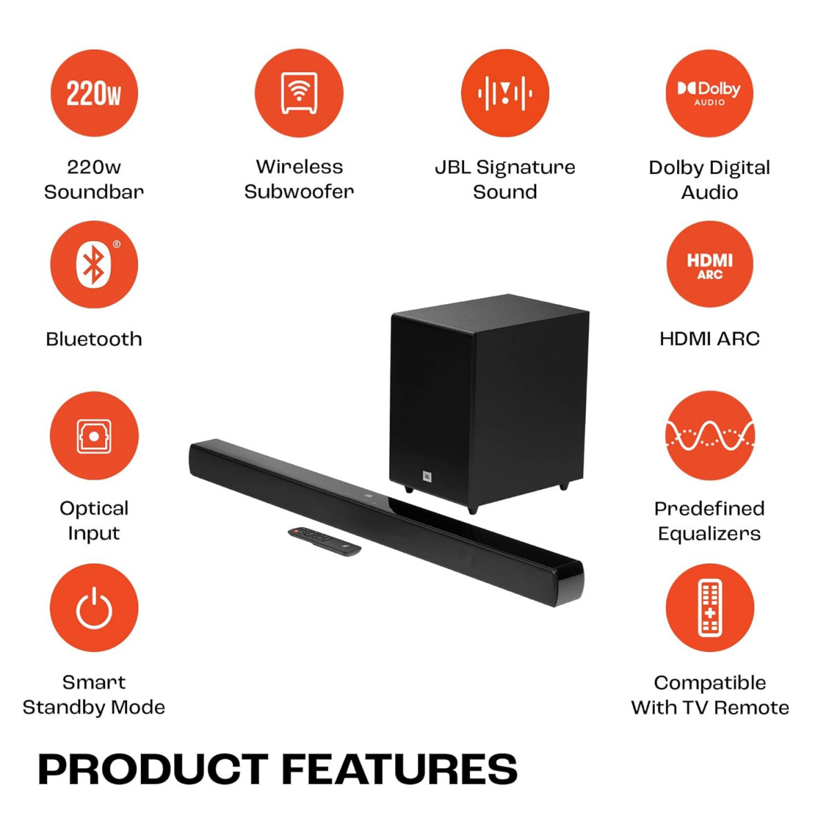 JBL Cinema SB271 Dolby Digital Soundbar with Wireless Subwoofer for Extra Deep Bass 21 Channel Home Theatre with Remote HDMI ARC Bluetooth  Optical Connectivity 220W