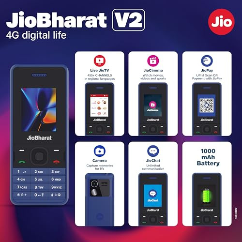 JioBharat V2 4G Phone with JioCinema JioSaavn Pay UPI Long Lasting Battery LED Torch Digital Camera  Blue  Locked for JioNetwork