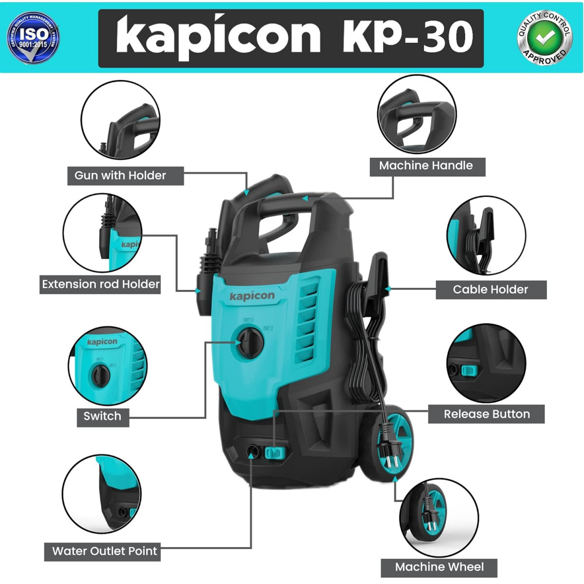 Kapicon KP-30 Portable High Pressure Car Washer Machine Motive Power 1800 Watts with max Pressure 135-160 Bars 55 LMin Flow Rate Portable for Car Bike and Home Cleaning Purpose Updated Model