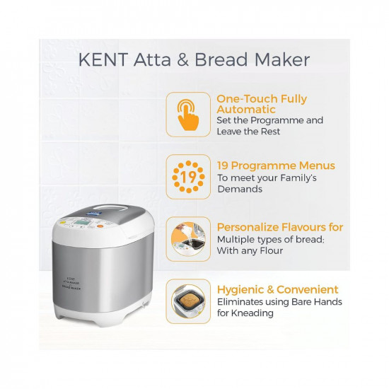 Kent Atta and Bread Maker for Home Fully Automatic With 19 Pre-set Menu 550w 16010 Steel Grey