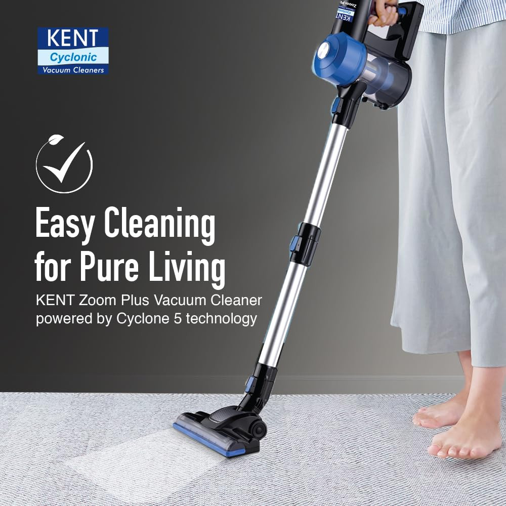 KENT Zoom Plus Vacuum Cleaner  150W  Cordless Hoseless  Rechargeable  Bagless Design  Cyclone5 Technology  Washable HEPA Filter  Multi Nozzle Operation