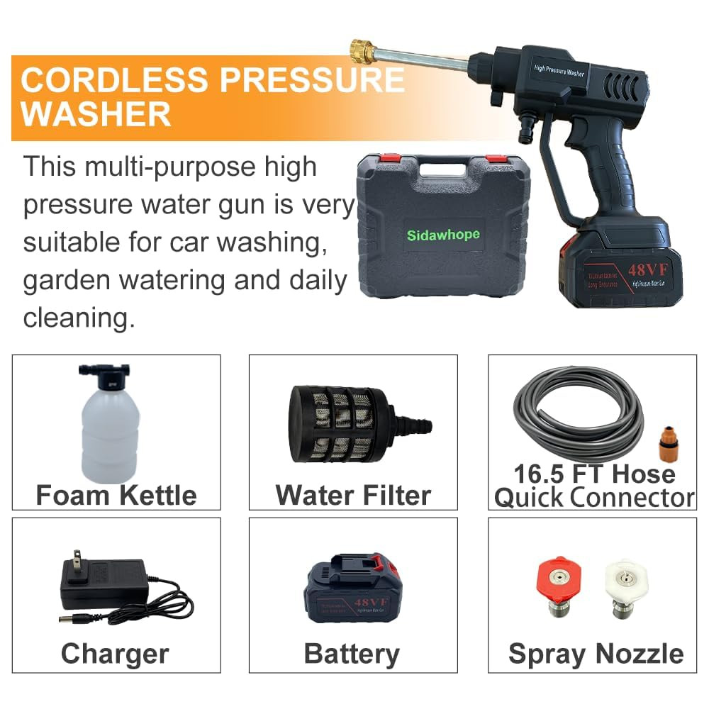 KIDPALACE Cordless Pressure Washer Portable Power Washer Pressure Water Spray Gun 1  20Ah Rechargeable Battery Portable High Pressure Car Washer GardenFencePetDeck Cleaning Tool Only